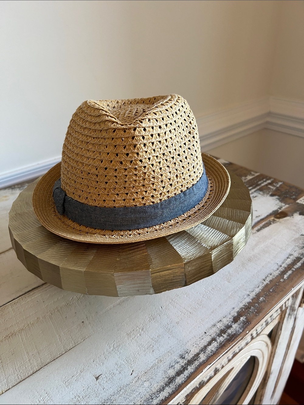 Source Unknown Tan Straw Fedora with Gray Band
